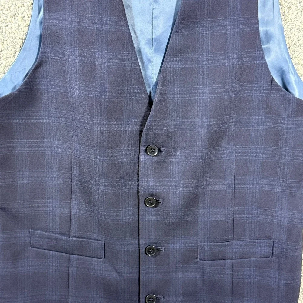 Charles Tyrwhitt Mens 38 Navy Blue Plaid 100% Wool Suit Vest Waistcoat Formal